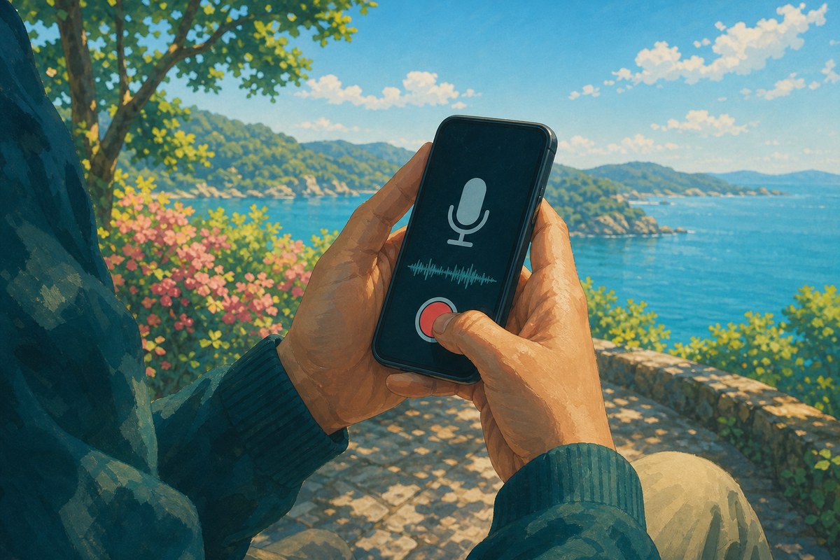 Hands hold a phone and press a round record button beside a simple sound wave on the screen.