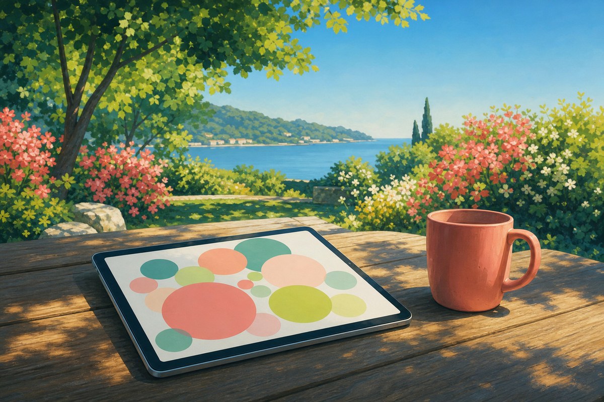 A tablet on a wooden desk shows overlapping circles of different sizes beside a mug.